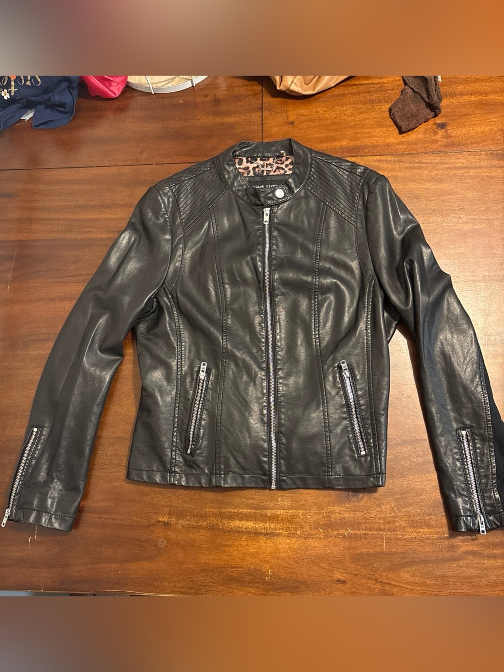 Women’s Black Rivet leopards print Leather Moto biker jacket size large